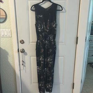 Floral Black Jumpsuit Party Onezie with pockets and lace detail